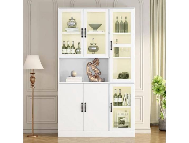 Vitrine en Verre Blanche Bibliothèque avec 6 Portes Armoire de Vitrine avec Éclairage LED Armoire Haute Meuble Multifonctionnel