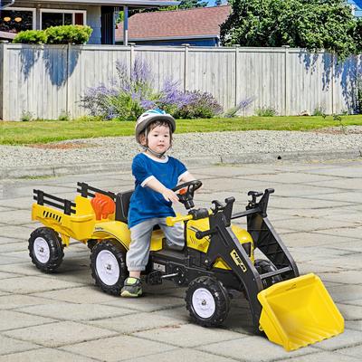 Homcom Aosom Kids Ride-On Excavator, Pedal Car Bulldozer, Move Forward/Back with Real Working Dirt Bucket, 6 Wheels, & Cargo Trailer