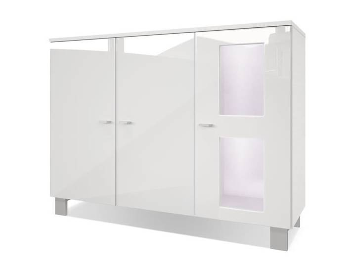 Vladon Buffet Armoire Denjo Corps en Blanc mat - Façades en Blanc haute brillance avec éclairage LED en Blanc