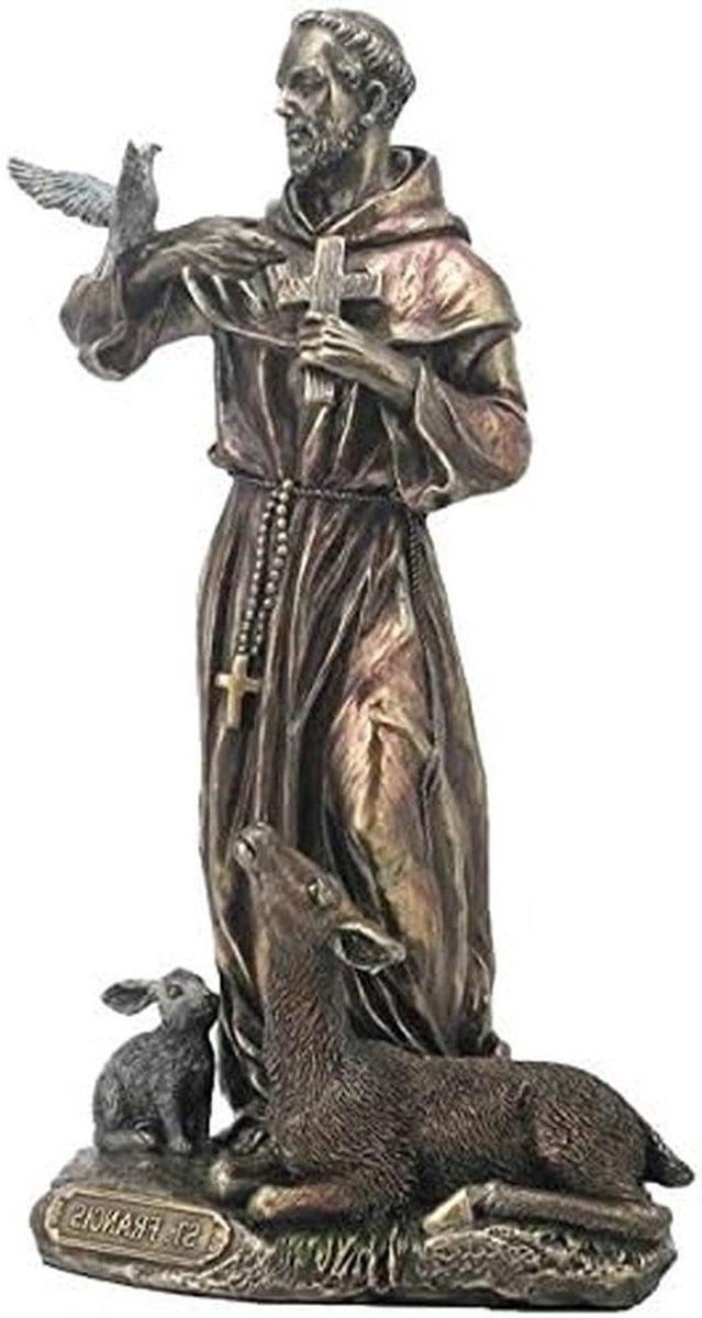 Religieus beeldje Sint Franciscus - Bronskleurig - Hoogte: 22 cm