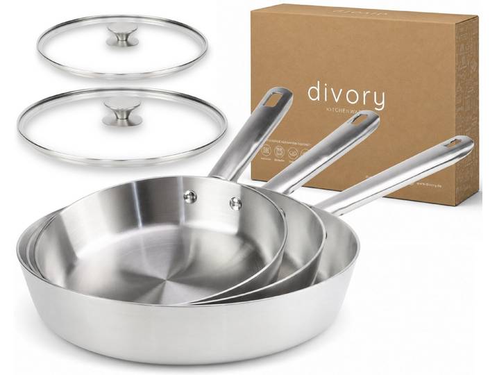 divory Pfannen-Set Edelstahl-Pfannenset, unbeschichtet, 20/24/28 cm & 2 Deckel, Edelstahl (5-tlg)