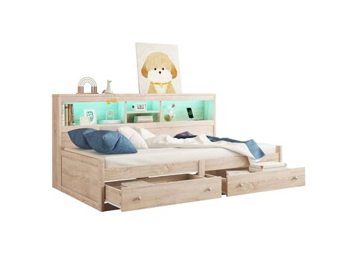 SOFTWEARY Holzbett mit LED-Beleuchtung und Stauraum, 90x200 cm, Einzelbett mit Mehrfachsteckdose und Lattenrost, Jugendbett (holzfarbe)