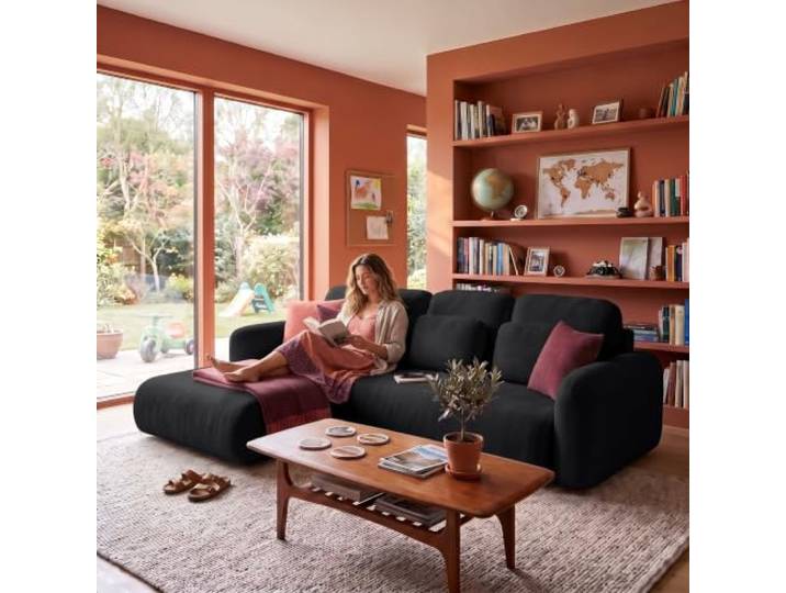 Muffo Nest L Ecksofa Schlaffunktion Bettkasten Schwarz 280 cm Ecksofa, ausziehbar, Bettkasten, Schlaffunktion, freistehend, Doha Stoff, Easy Clean, modern