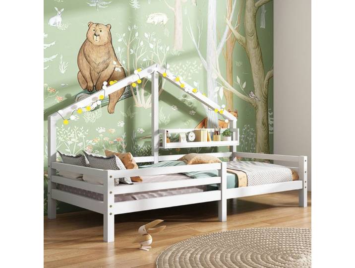 Lit Cabane enfant 90x200 cm avec éTagèRes lit 1 personne avec design en Forme de CheminéE Lit Enfant Rembourré Lit Simple Blanc