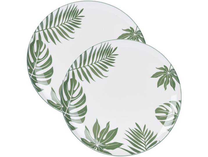 2er-Set Speiseteller weiss mit grüner Blätter-Deko, Essteller aus Porzellan, 26,5 cm