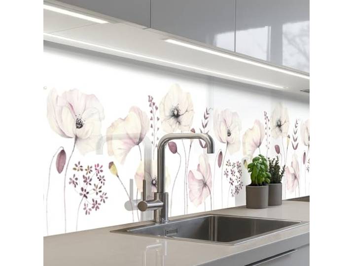 KitchenYeah© Spritzschutz Küchenrückwand Küche Abwaschbar Selbstklebend 60x300 cm - Küchenwand Küchenfront Küchen Rückenwand Wandschutz Blumen - Pastell - Pflanzen - Weiß