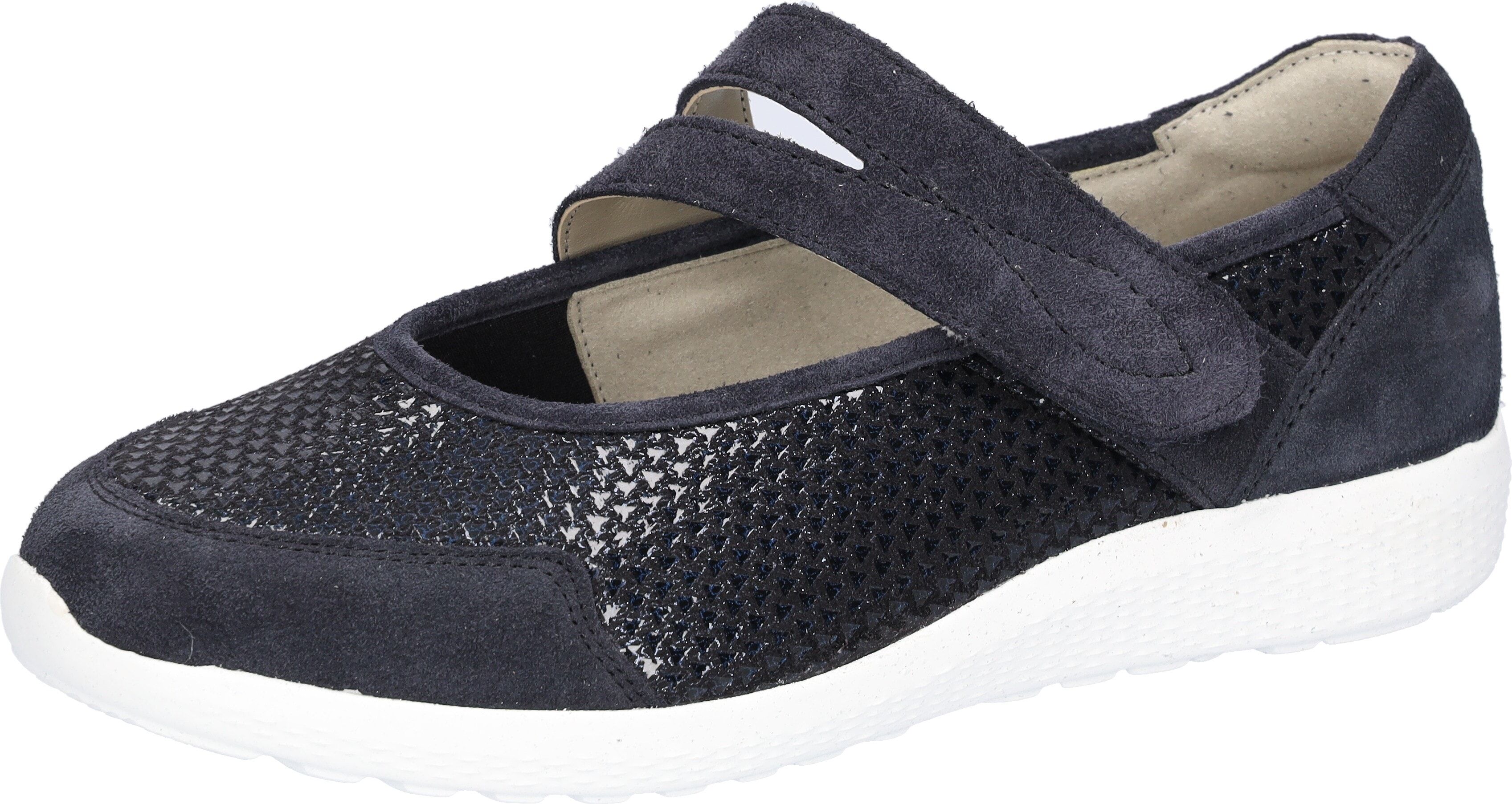 Riemchenballerina WALDLÄUFER "M-IRA Soft", Damen, Gr. 5,5 (38,5), Textil, schwarz (dunkelblau), Textil, Veloursleder, unifarben, Basic, Schuhe Riemchenballerina, Slipper, Komfortschuh, Orthotritt-Funktion, Spezialweite M