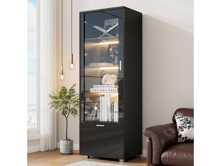 Vitrine LED noire brillante 3 étagères acrylique