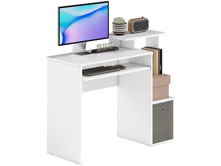 Bureau Informatique multimédia étagères Tablette Clavier Panier Gris Panneaux Particules Blanc