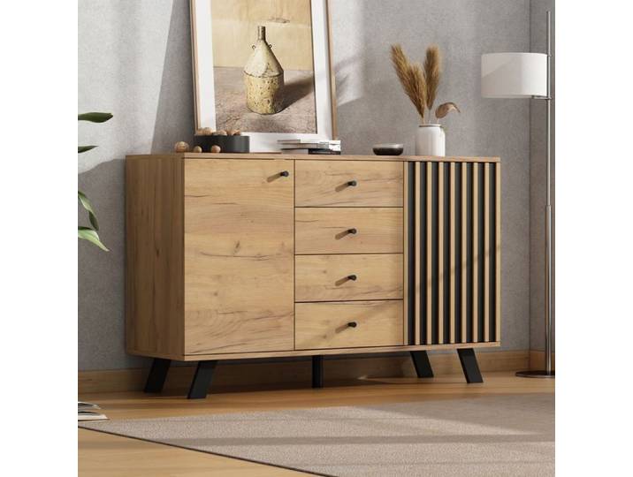 Buffet bas - SOGEU - Buffet bas - 4 tiroirs - 2 compartiments - Design ajouré bicolore 120x38x75 cm