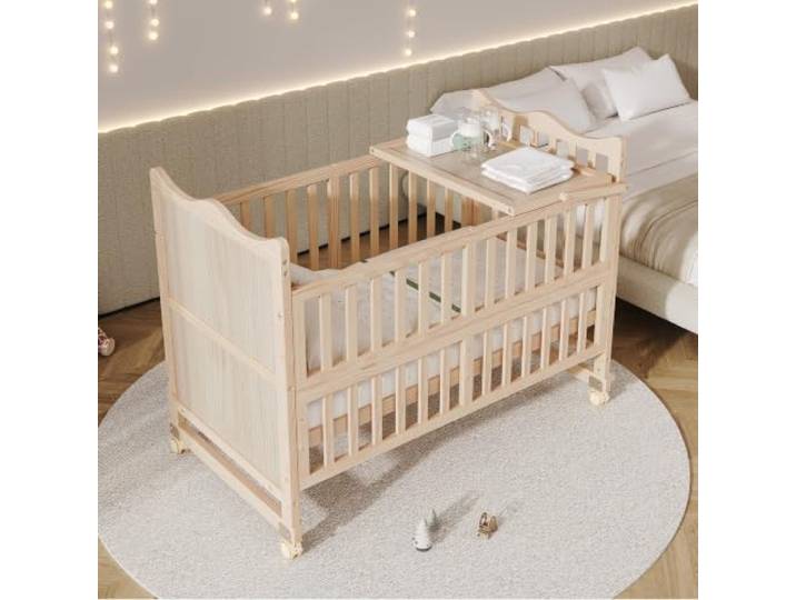 QQJIN Babybett Holz Kiefer Natur 120x60cm 3-in-1 mit Wickelaufsatz Gitterbett Umbaubar Beistellbett Kinderbett 3-Fach Höhenverstellbar Baby Cot