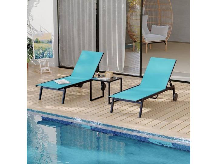 Ensemble Transat Jardin 3Pcs 1pc chaise longue transat+2pcs table Chaise Longue Réglable avec Roulettes