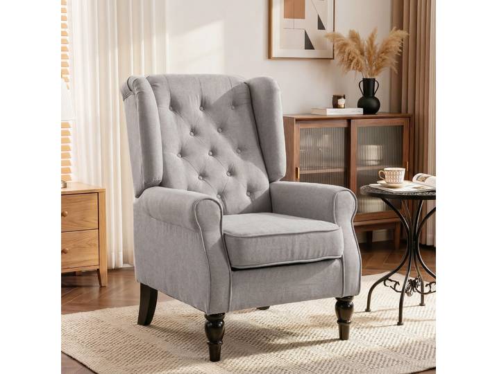 HOMCOM Fauteuil Classique Capitonné Pieds Bois 74x86x102cm Gris