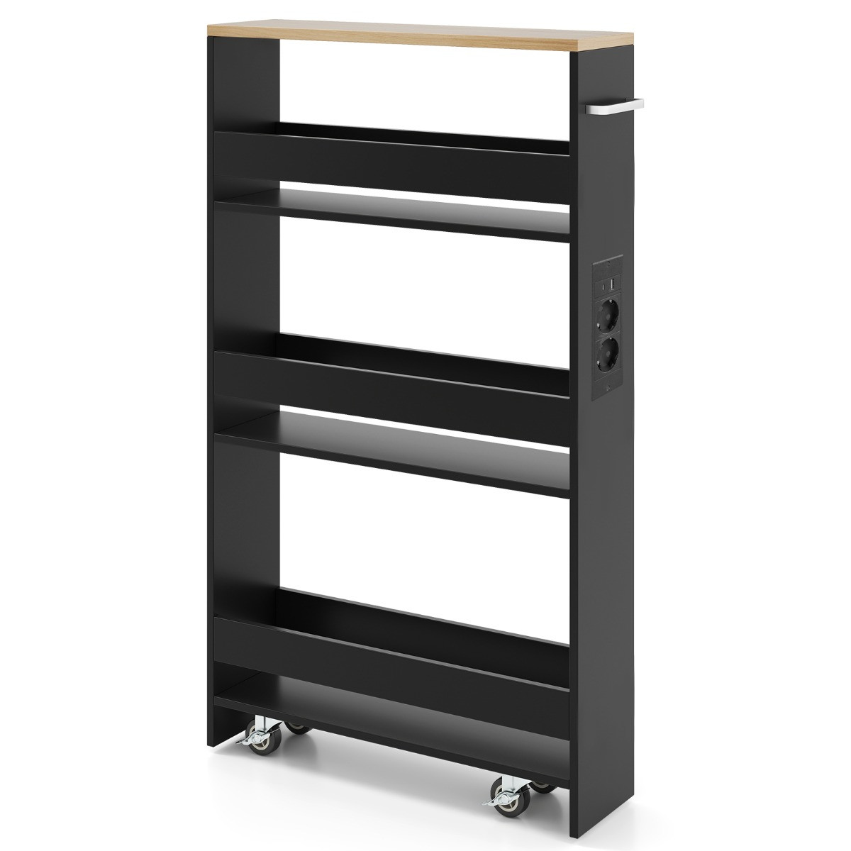 Costway Ultradunne Opbergkar met Oplaadstation, 4-laags Keukenkar met Handgrepen, Zwart, Breedte: 13 cm