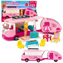 Reise-Set mit Wohnwagen, Puppenmöbeln und Zubehör, Rosa