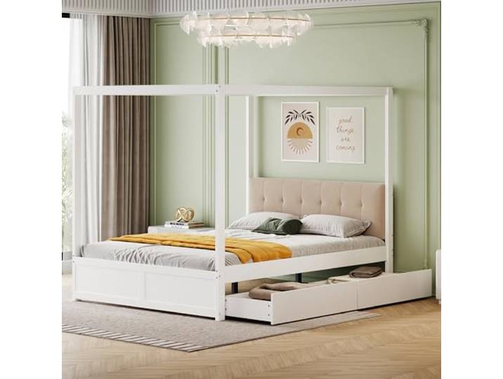boorbin Himmelbett mit großen Schubladen und weicher Rückenlehne, Holz Bett (140 * 200 cm, weiß)