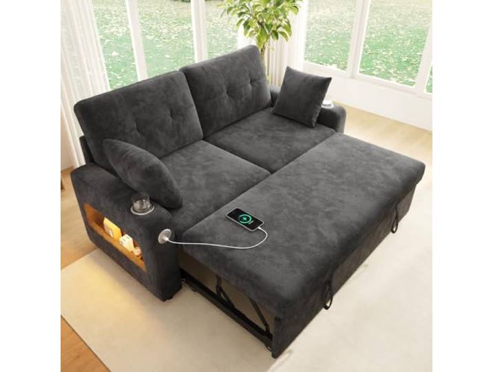 BTM 2-Sitzer Sofa mit Schlaffunktion mit LED, Armlehnen-Stauraum & Getränkehalter Wohnzimmer Schlafsofa Grau