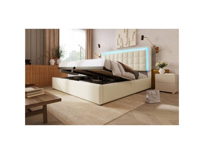 WUVRIE Lit coffre double 160 x 200 cm avec LED sommier à lattes ouverture hydraulique simili cuir blanc