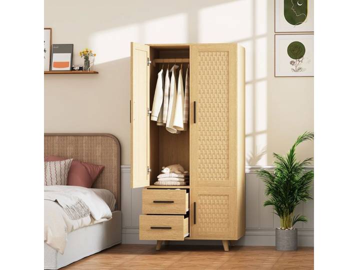 Armoire Penderie Chambre en Rotin Armoire Cannage en Bois Armoire Dressing avec 2 Portes et 2 Tiroirs et 1 Tringle à Vêtements