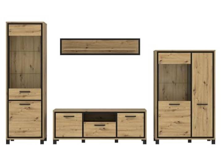 Forte Trondheim Wohnwand L 340 350, Moderne Wohnwand mit 4 Türen, 2 Glastüren, Schublade, Schrankwand, Holzwerkstoff, Artisan Eiche/Schwarzeiche Holzdekor, 344,2 cm breit x 208 cm hoch x 41,5 cm tief