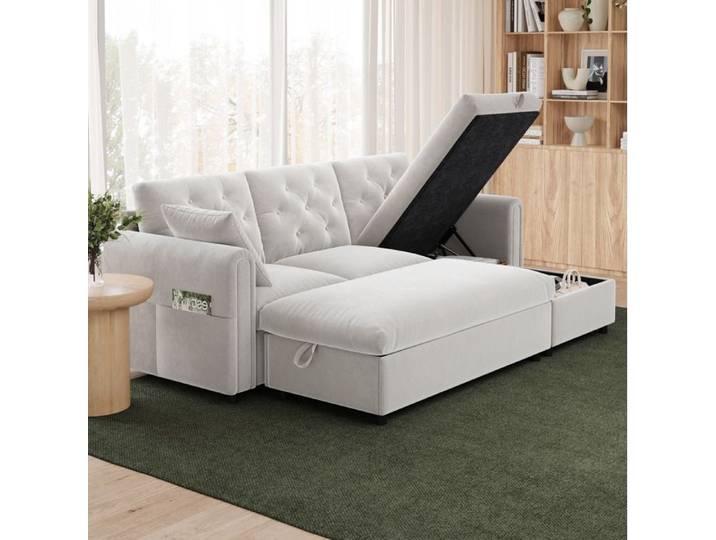 Canape 3 Places En Velours Beige Canape D Angle Modulable FloraGrace Pour Salon Avec Double Rangement 219x131x86cm