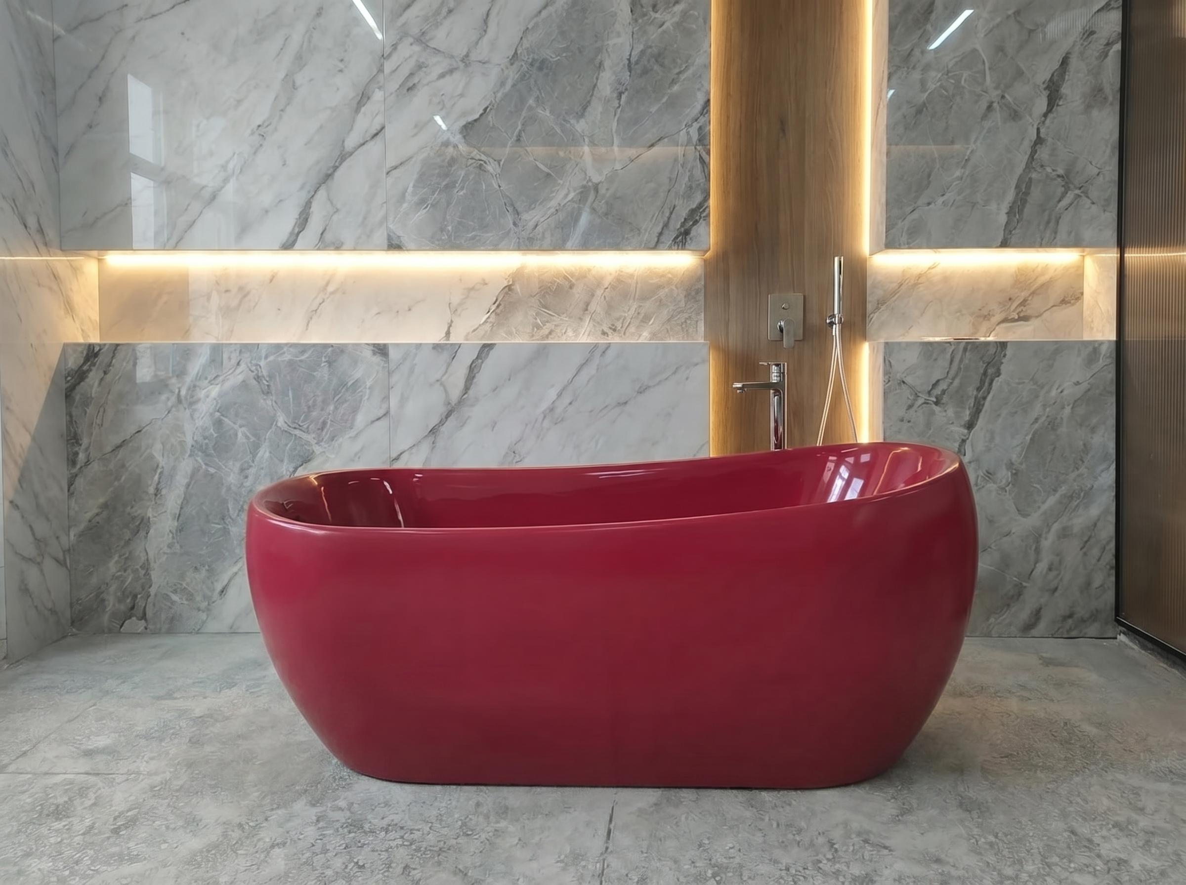 Freistehende Badewanne Modern 170 cm Rot DUO Komposit Ohne Füße - Moderne Badewanne Melania Rot Innen und Außen Bodenstehend