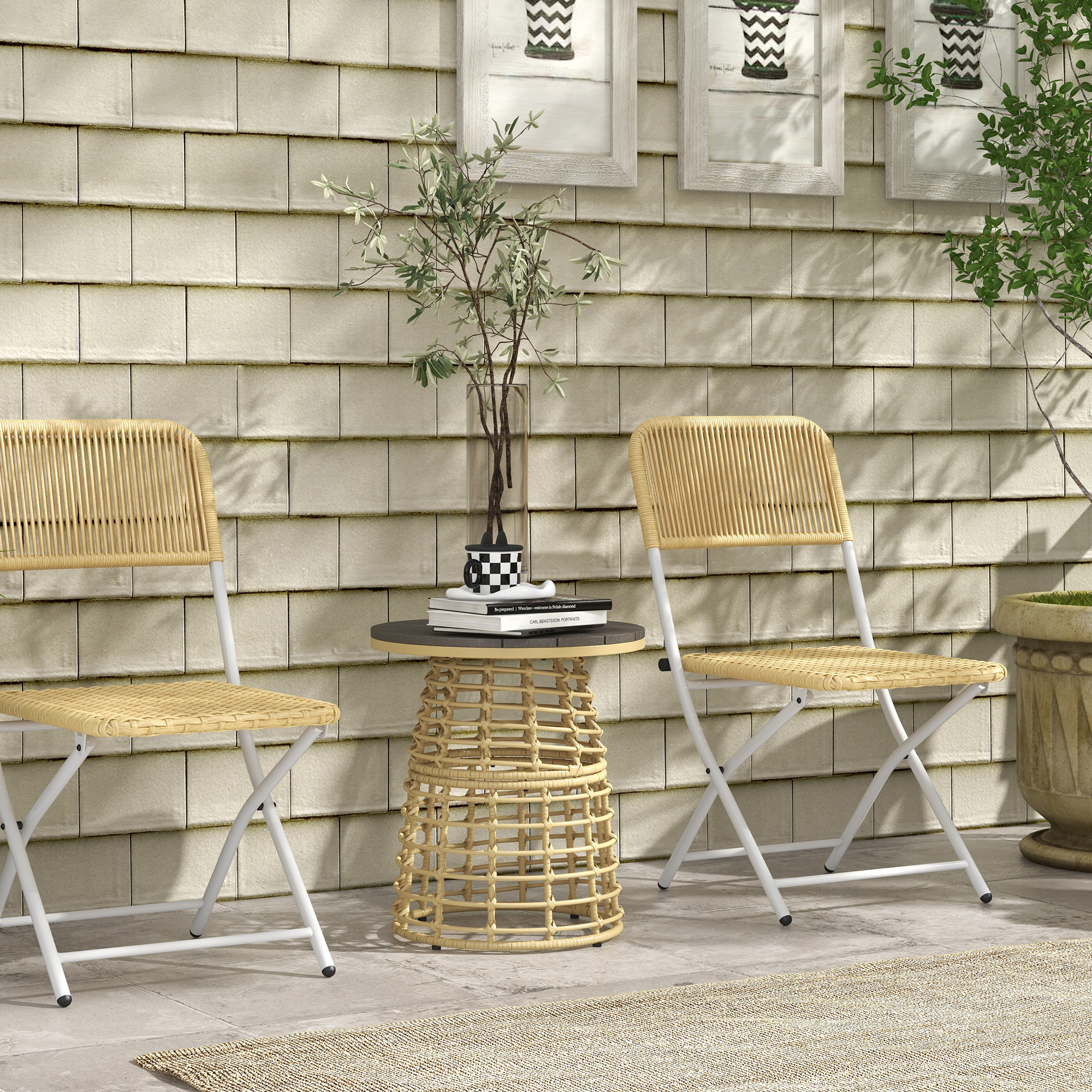 Outsunny Tavolino da giardino rotondo in resina dall'aspetto rattan metallo e piano composito, dim. Ø45 x 50H cm