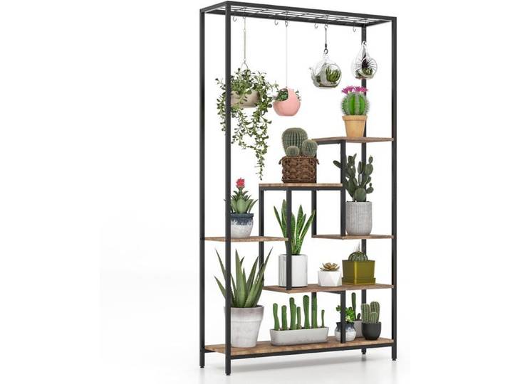 GOPLUS Support pour Plantes Intérieur à 6 Niveaux Présentoir pour pots de fleurs 10 crochets de suspension 100x30x180cm
