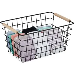 Relaxdays 5 x Drahtkorb mit Holzgriffen schwarz Hellbraun,Schwarz