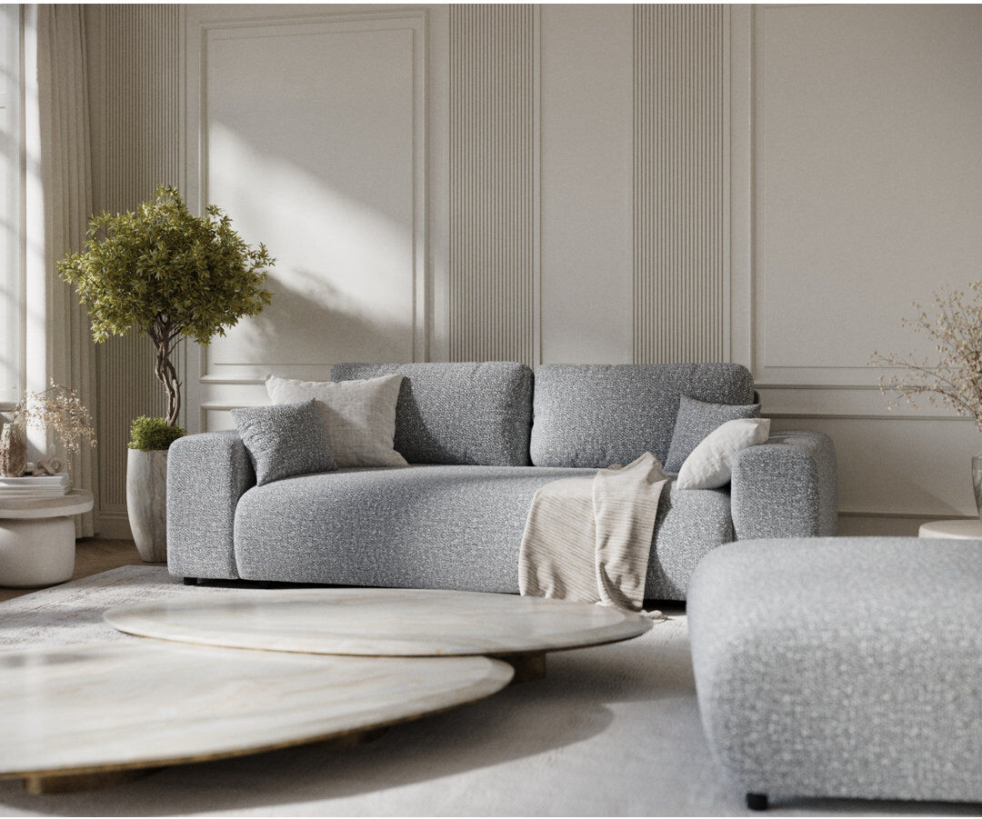 Ebern Designs Three-seater square arm sofa Grey Boucle 79cm H X 213cm W X 108cm D