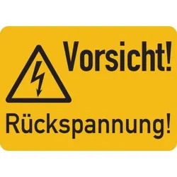 Warnschild, Vorsicht! Rückspannung!, Folie - ISO 7010 - 105x74 mm Folie selbstklebend