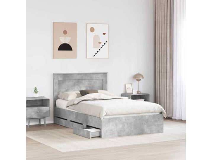 KTHLBRH Bettgestell grau Beton 135 x 190 cm mit 6 Schubladen Technisches Holz, integriertes Kopfteil, Lattenrost, modernes Design, einfache Wartung