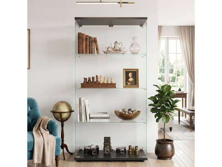 Vitrine d Exposition 165cm - 2 Portes 4 Etageres Anti-Poussiere - Vis Ameliorees Haute Stabilite - Verre Trempe et Bois - Noir