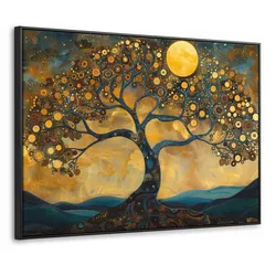 LEINWAND Bilder mit Rahmen - Baum - Mond - Blumen - Gold - Kunst - 70x50