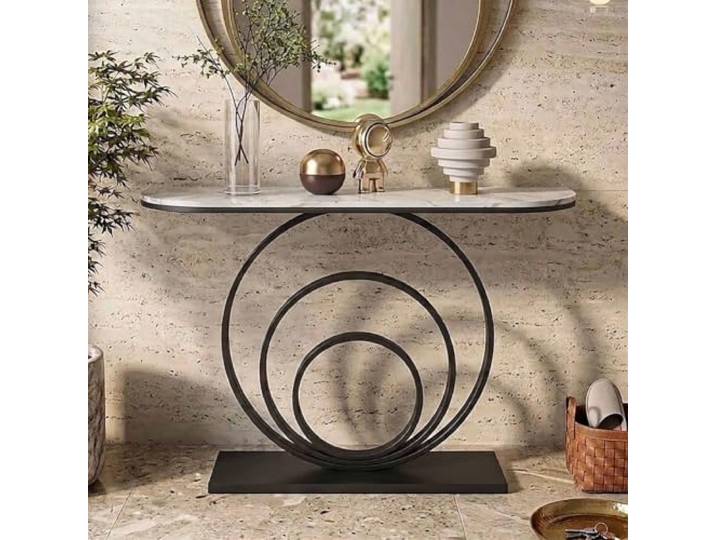 Konsolentisch Schmal mit Sintersteinplatte und Rundem Metallgestell Konsolentisch mit Sintersteinplatte, modernem runden Metallgestell mit Drei-Ring-Design und platzsparendem Design für Flur