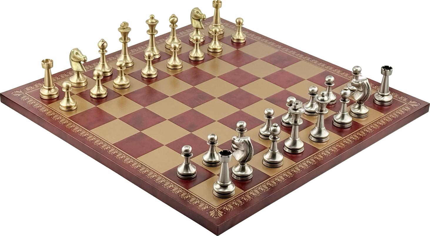 Italfama Luxus-Schachset: Staunton Figuren aus massivem Messing 7,3 cm mit Gold/Burgunder Schachbrett 45x45 cm