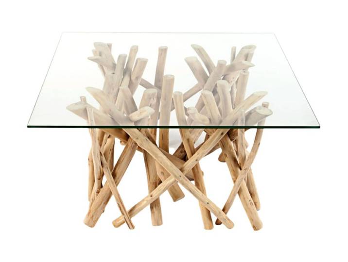 Table basse carré effet chêne clair et plateau en verre 80x40x80cm