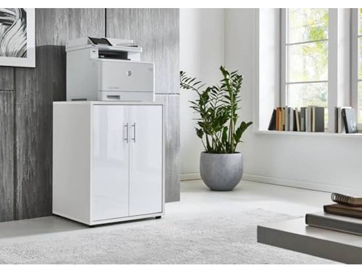 Druckerschrank Office Edition mit 2 Türen, 2 Einlegeböden, Büromöbel, 74 cm Höhe (Weiß/Weiß Hochglanz)