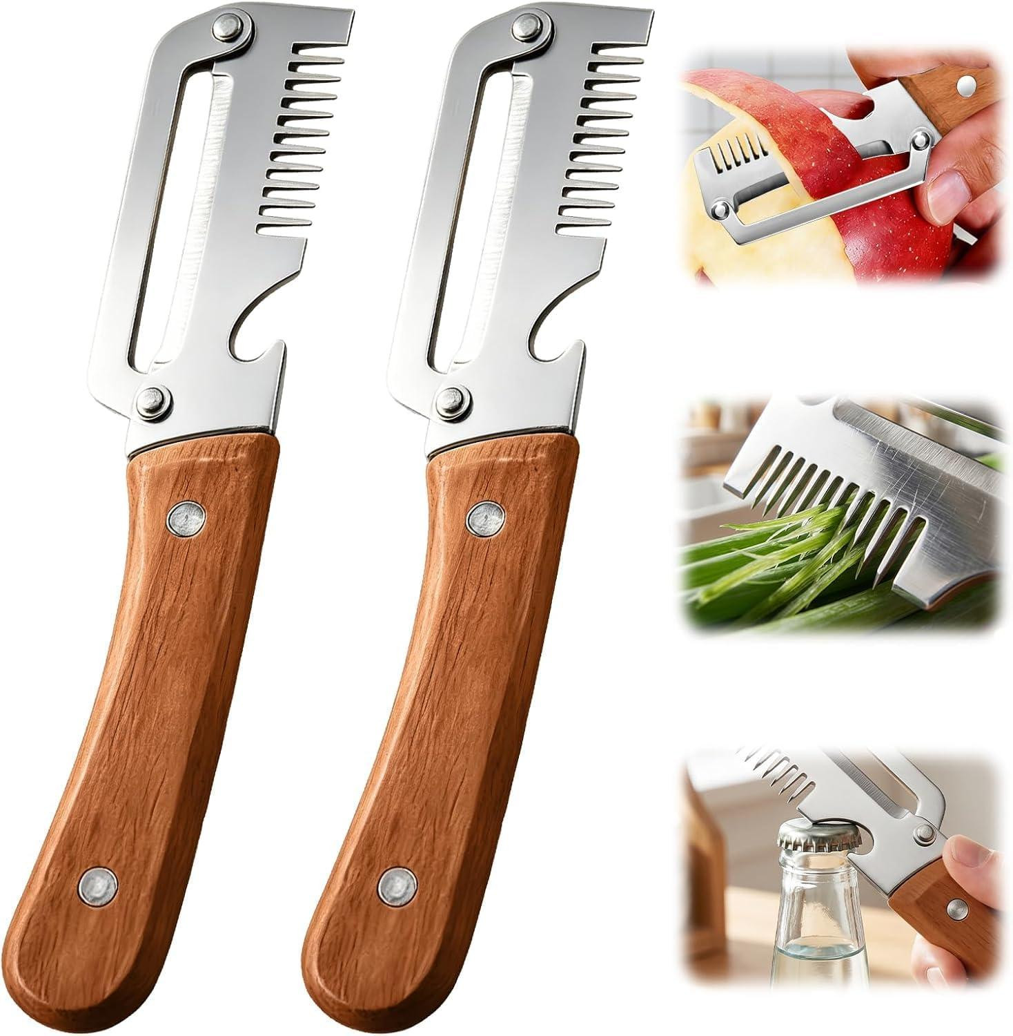 Solidchoice 2-delige multifunctionele groenteschiller met houten handvat en flessenopener