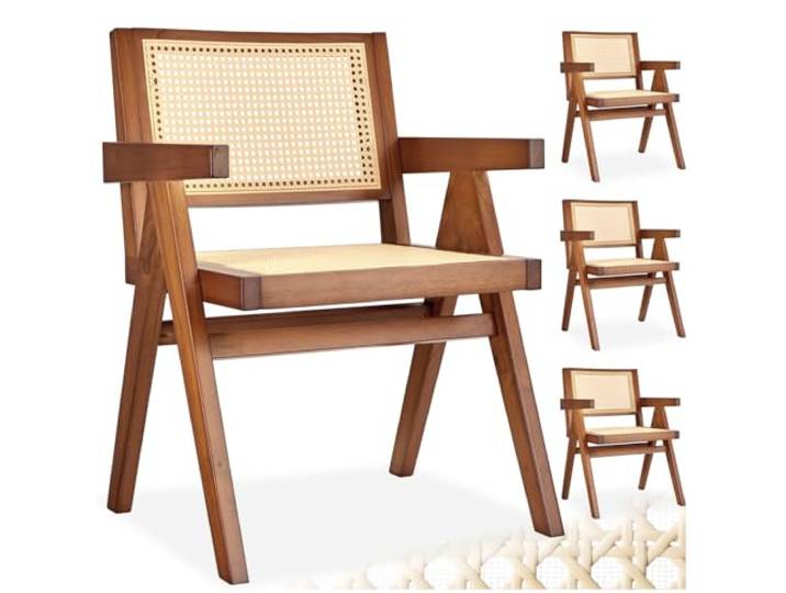 tectake® Esszimmerstühle, Boho Korbsessel Wiener Geflecht, Esstisch Stühle, Essstühle, Küchenstühle 4er Set, Armlehnstuhl, Esszimmer, Sessel Wohnzimmer - Eiche dunkel mit Armlehne, 4er Set