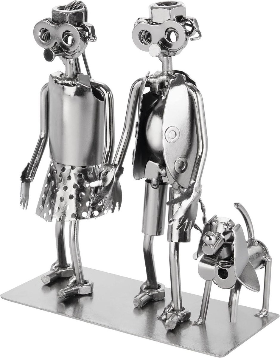 Zilverkleurig metalen decoratief figuur Paar Hond voor in huis, Hoogte: 17.5 cm