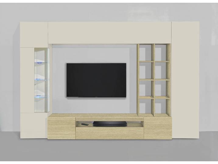 Wohnwand GOODPRODUCT New Egypt, Anbauwand, Medienwand, Wohnzimmerwand , beige (eiche chopin, kaschmir matt), B:290cm H:190cm T:40cm, Glas, Holzwerkstoff, Kastenmöbel-Sets, Wohnwand, Regalaufsatz Breite 290 Höhe 191