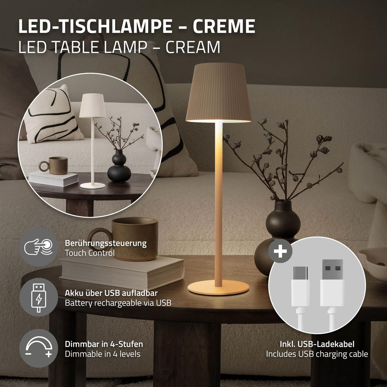 ML-Design LED-tafellamp draadloos met touchbediening crème Ø10 x 36 cm
