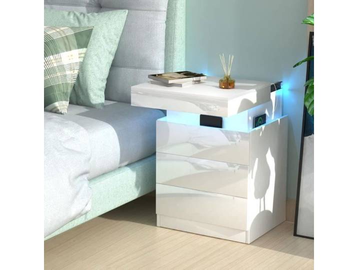 Table de Chevet - DHHOZAMZ - Blanc - 3 tiroirs - LED