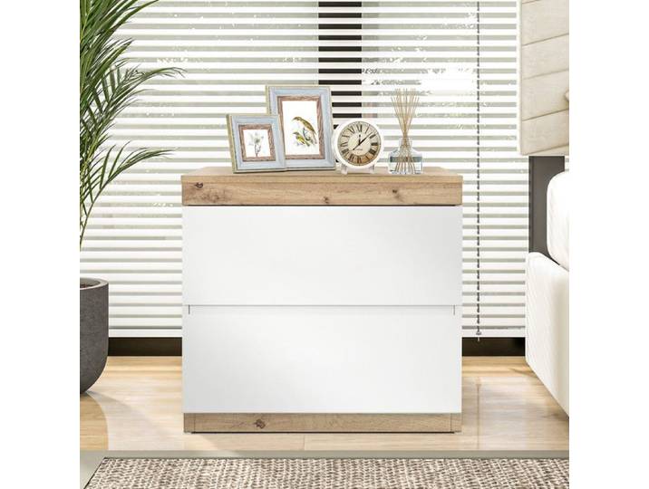 Table de Chevet 2 Tiroirs - Écologique E1 Support 40 kg & Design Blanc/Chêne - Matériau Certifié - 55x40x55cm
