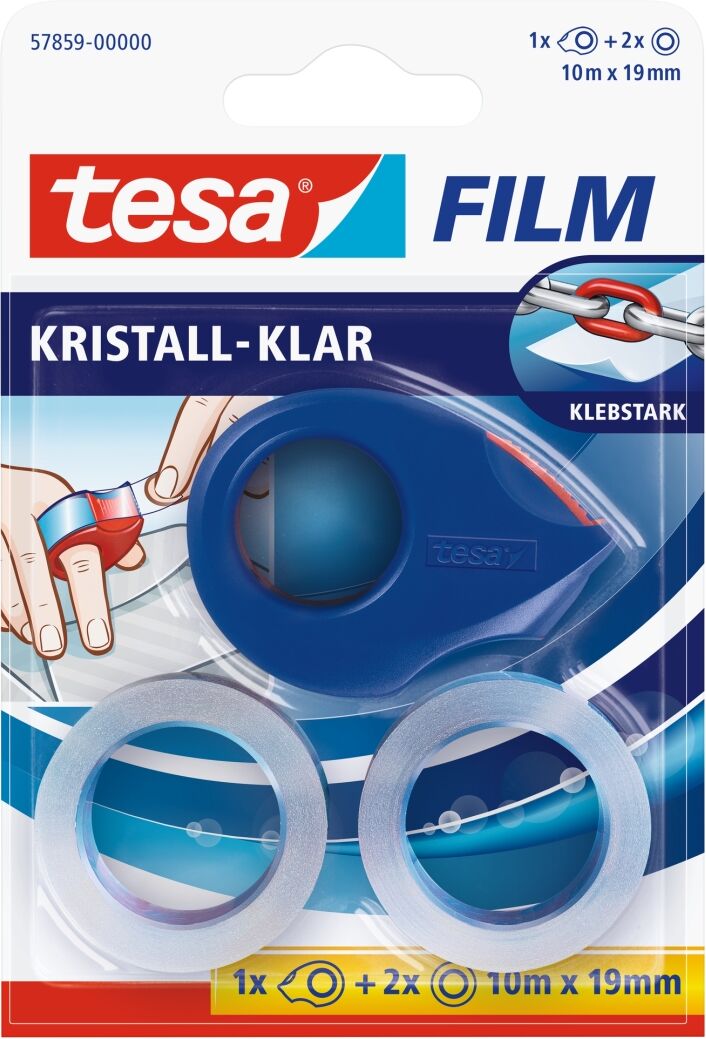 tesa tesafilm, Klebeband, kristall-klar, farblos, 2 Stück + Mini Abroller, 10 m x 19 mm