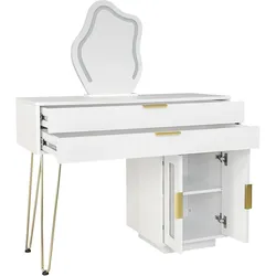 Schminktisch LED Weiß 100x40x78 cm mit großem Spiegel, 2 Schubladen, Makeup Tisch, Kosmetiktisch, Frisiertisch, Metallbeine