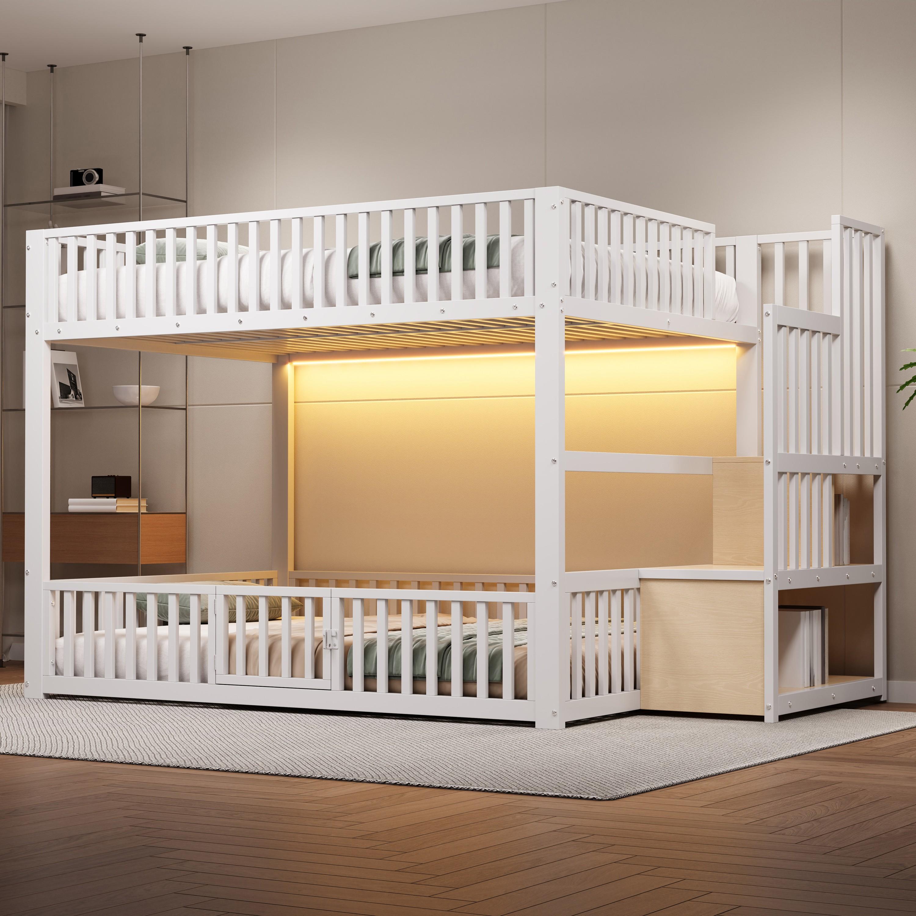 MODFU Hochbett 140x200 Bettrahmen mit Sicherheitsgeländer,Jugendbett mit Stauraumleiter und LED Beleuchtung,ohne Matratze,eiß