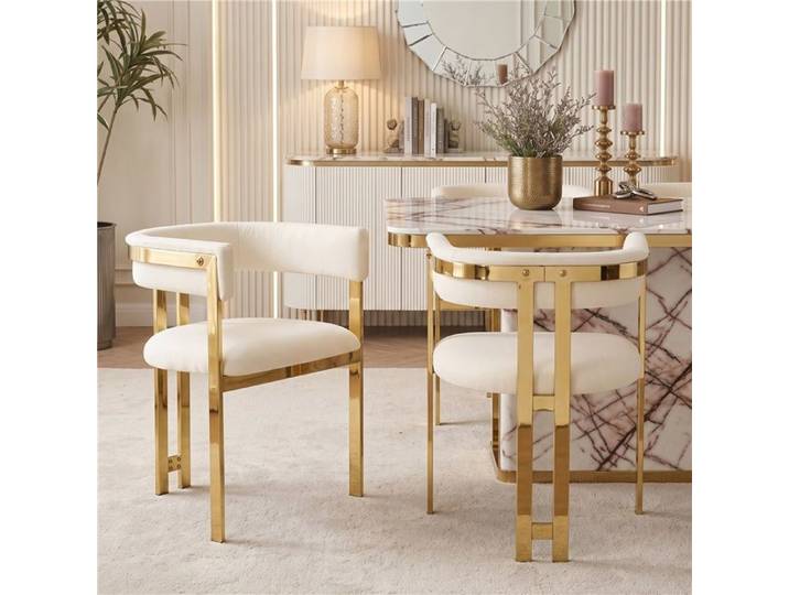 Lot 2 chaises beige & or pieds dorés chenille moelleux design chic – restaurant / salon / café