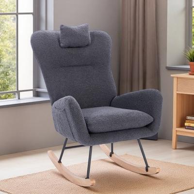 Teddy Fabric Rocking Chair with Tall Backrest, Thick Padded Seat, Durable Steel and Wooden Frame